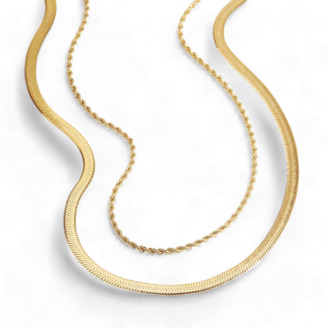 Herringbone + Rope Chain Set in gold tone