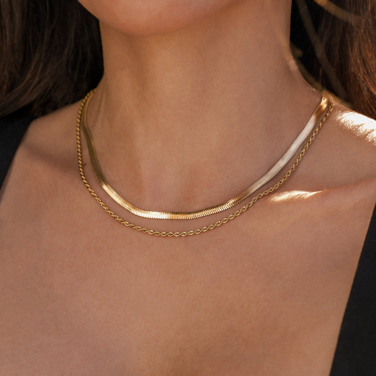 Herringbone + Rope Chain Set in gold tone