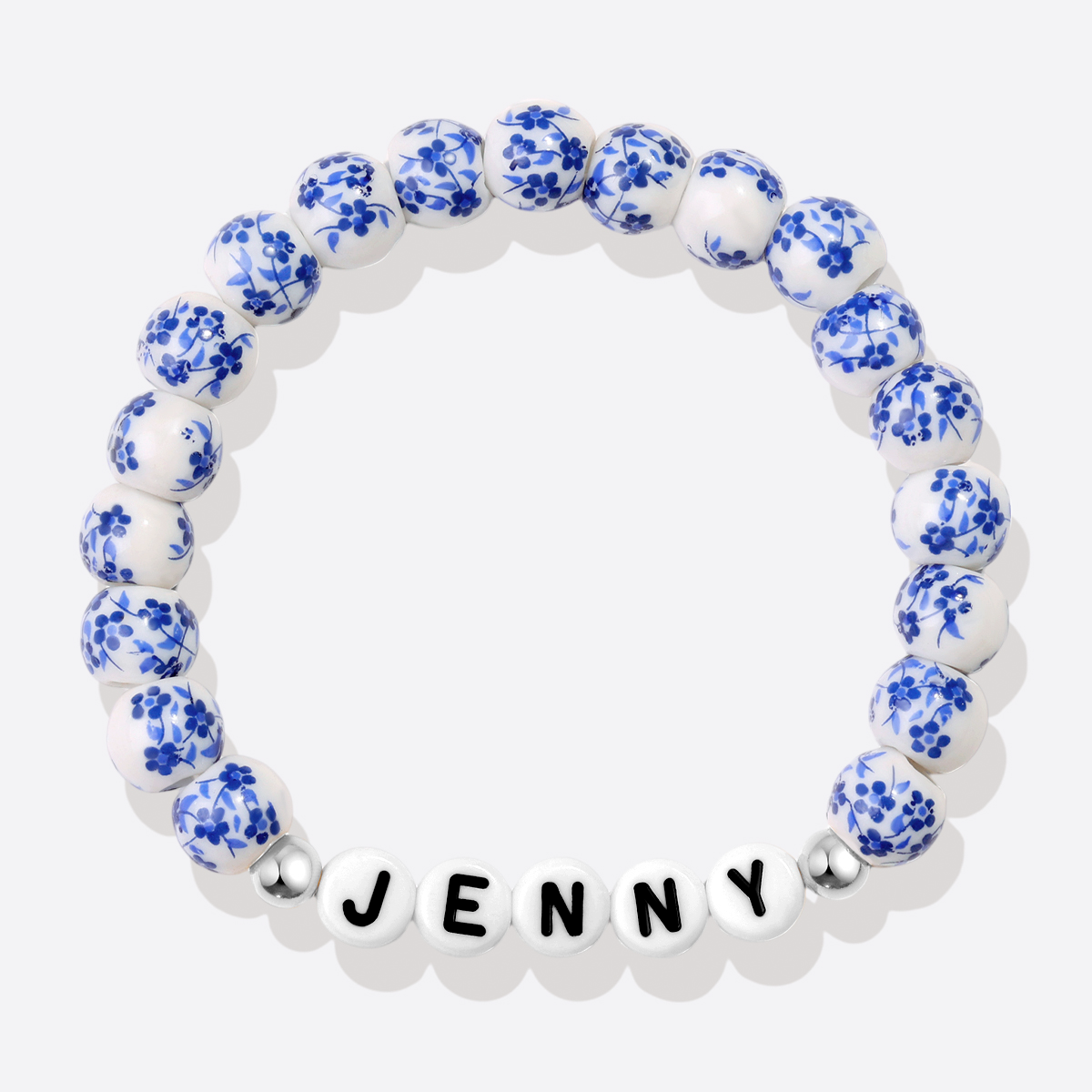 Bracciale con nome personalizzato in porcellana blu e perline floreali