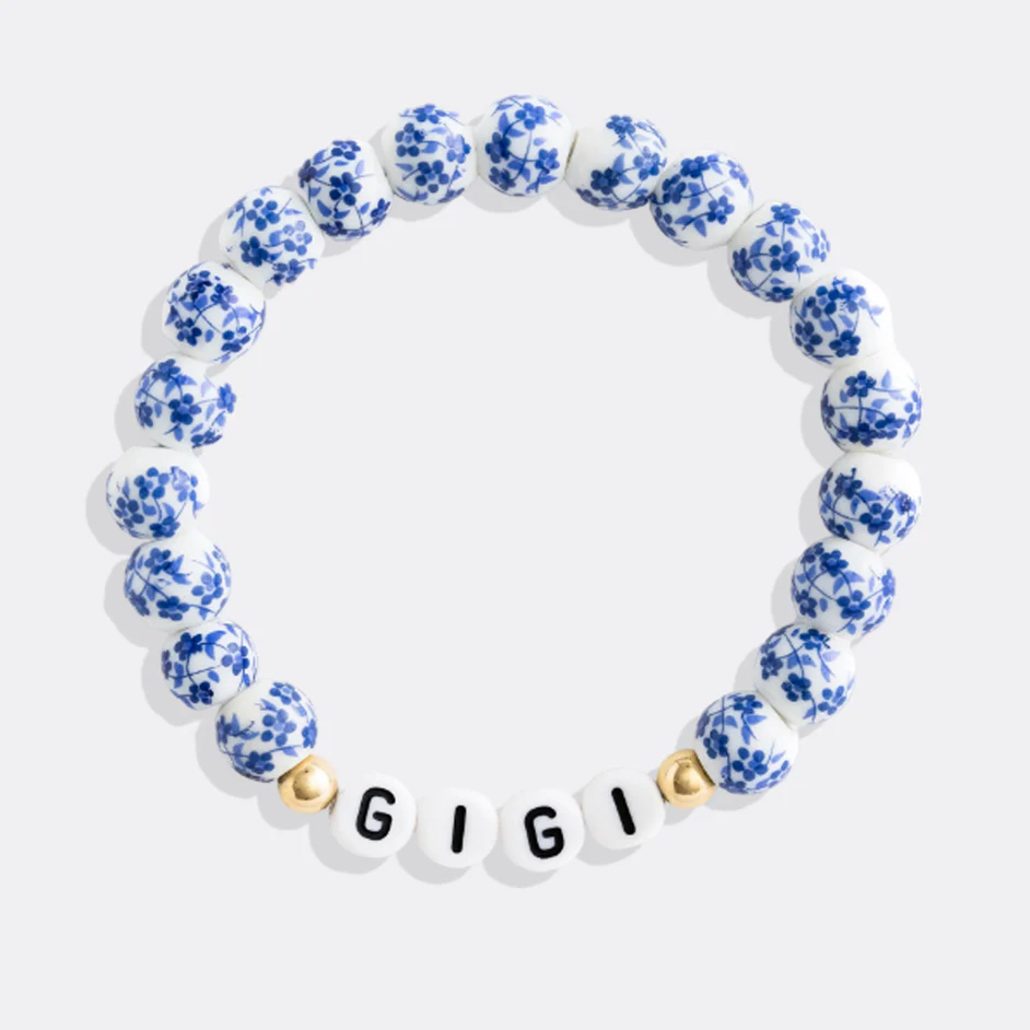 Blaues Armband mit Perlen und Blumen aus Porzellan für Mama und Oma
