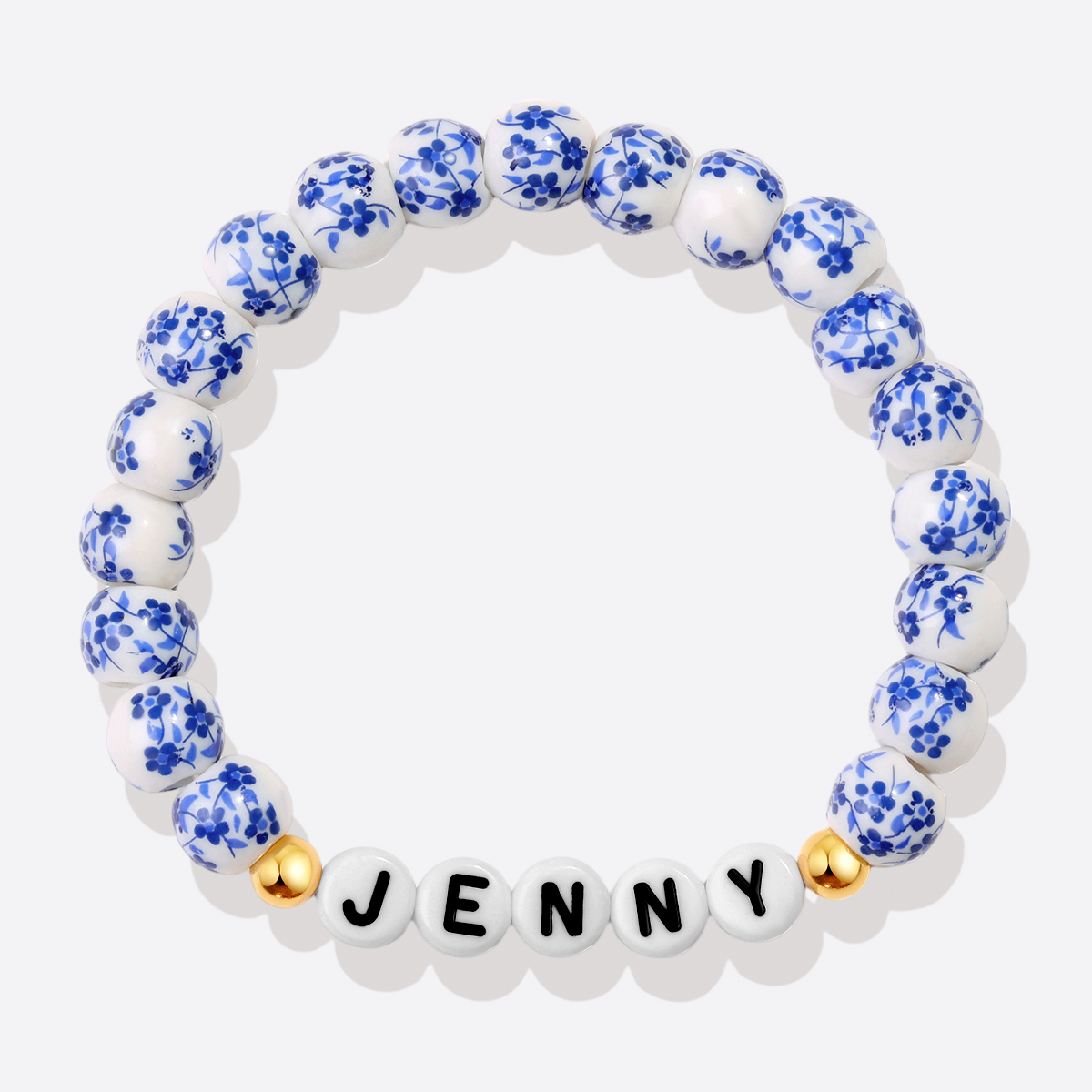 Bracciale con nome personalizzato in porcellana blu e perline floreali