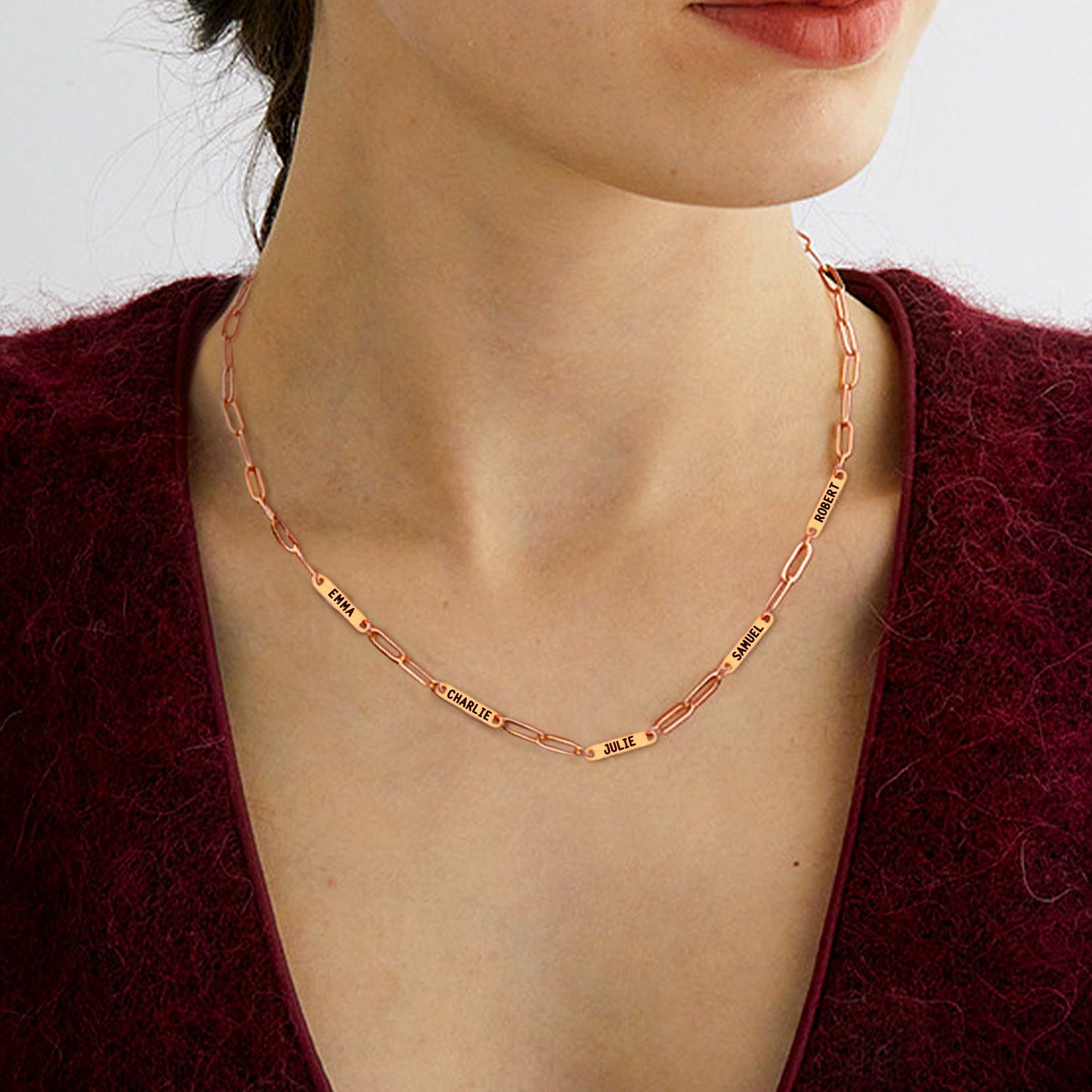Paperclip Necklace With Personalized Names in rose gold tone