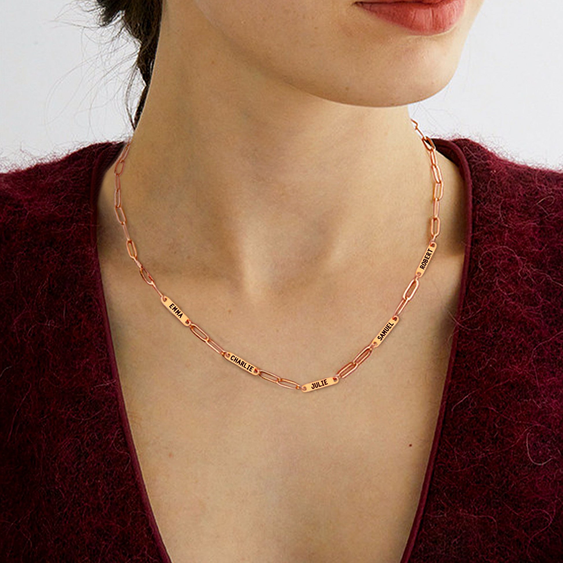 Paperclip Necklace With Personalized Names in rose gold tone
