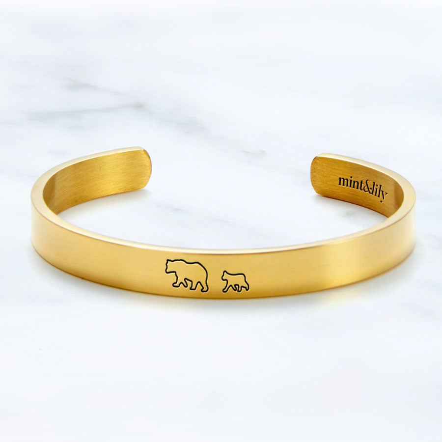 Mama Bear & Her Baby Bears Engraved Cuff Bracelet in gold tone