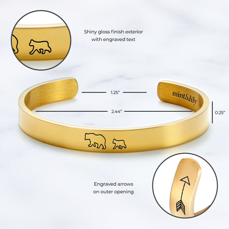 Mama Bear & Her Baby Bears Engraved Cuff Bracelet in gold tone