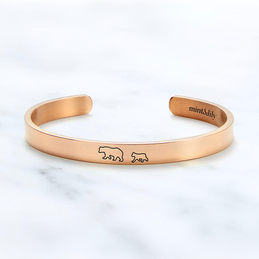 Mama Bear & Her Baby Bears Engraved Cuff Bracelet in rose gold tone