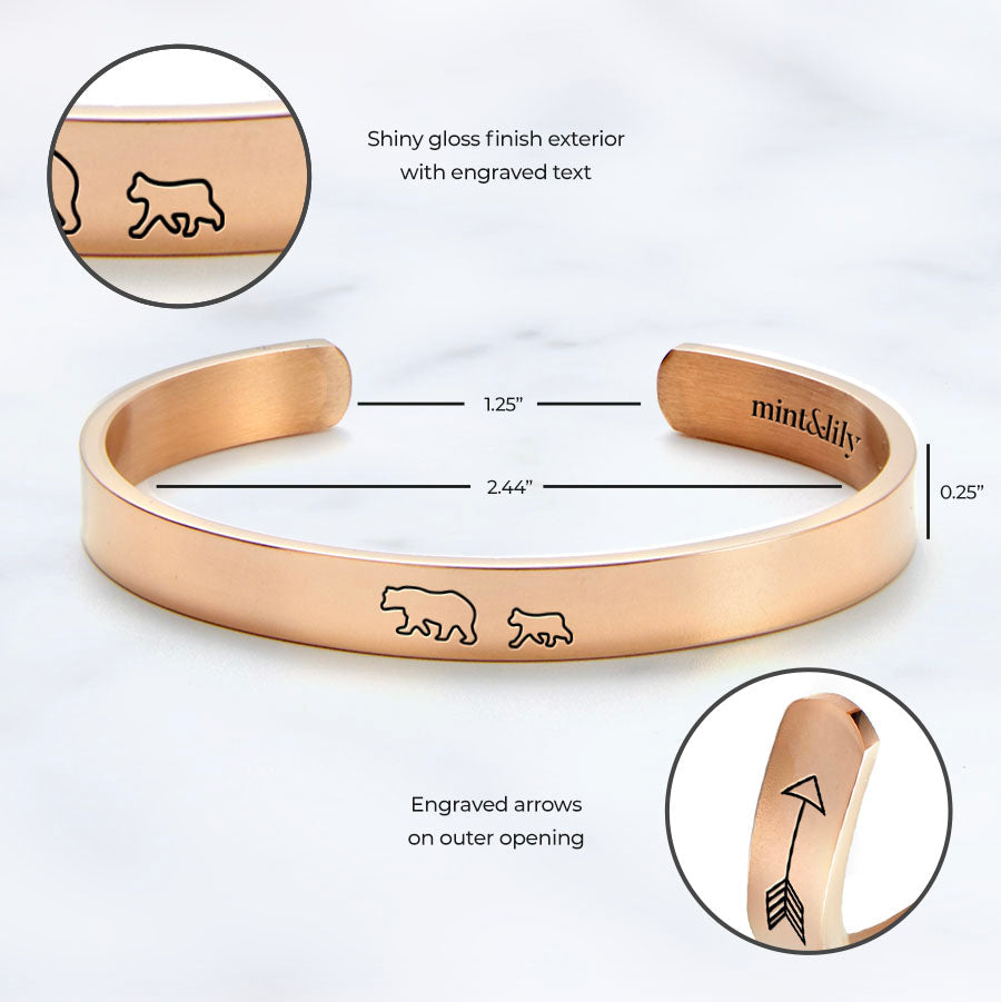 Mama Bear & Her Baby Bears Engraved Cuff Bracelet in rose gold tone