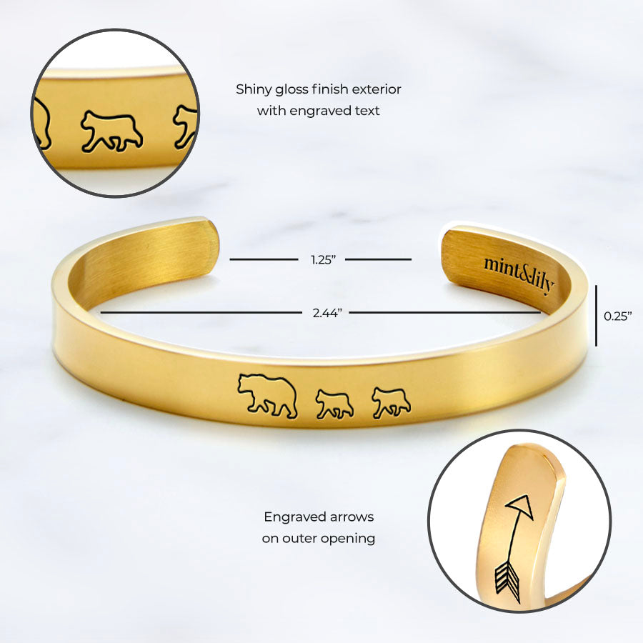 Mama Bear & Her Baby Bears Engraved Cuff Bracelet in gold tone