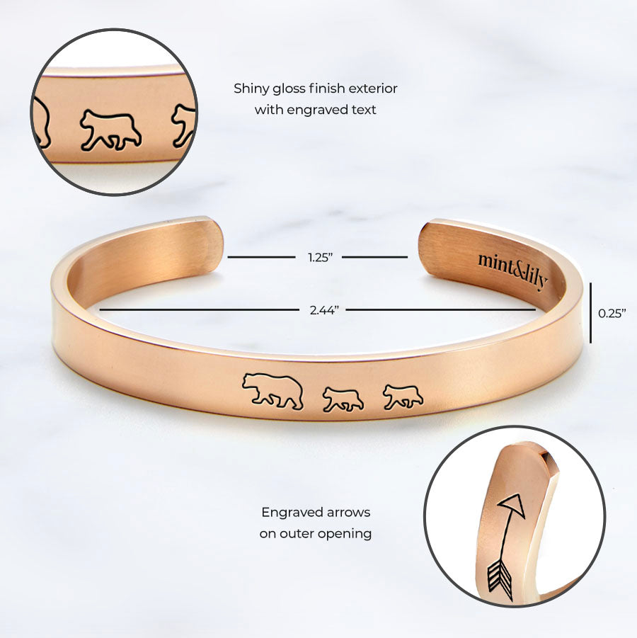 Mama Bear & Her Baby Bears Engraved Cuff Bracelet in rose gold tone