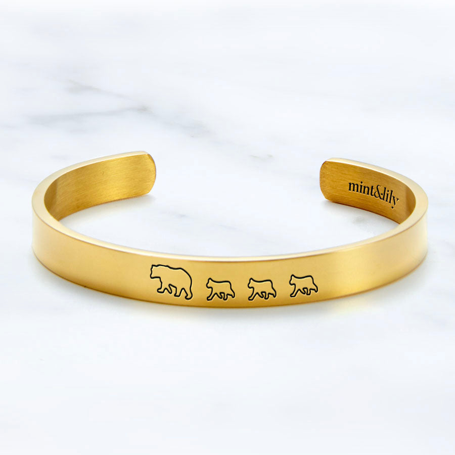Mama Bear & Her Baby Bears Engraved Cuff Bracelet in gold tone