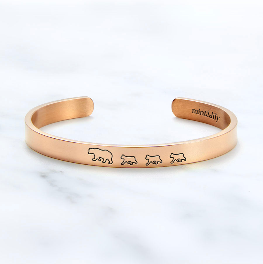 Mama Bear & Her Baby Bears Engraved Cuff Bracelet in rose gold tone