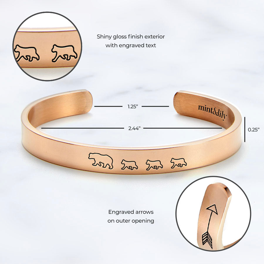 Mama Bear & Her Baby Bears Engraved Cuff Bracelet in rose gold tone
