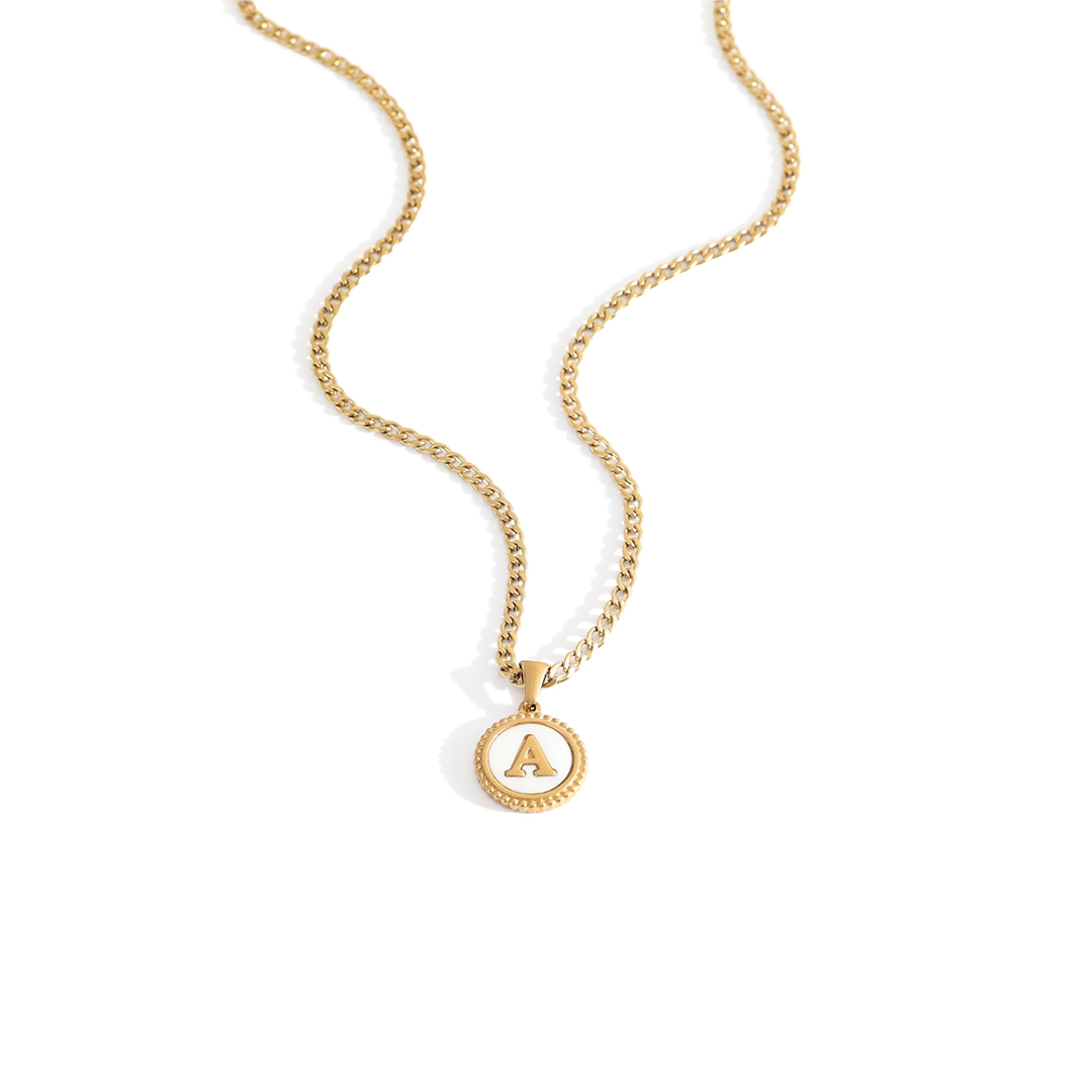 Mother of Pearl Disc Letter Necklace with Cuban Chain — Vanny Jewels