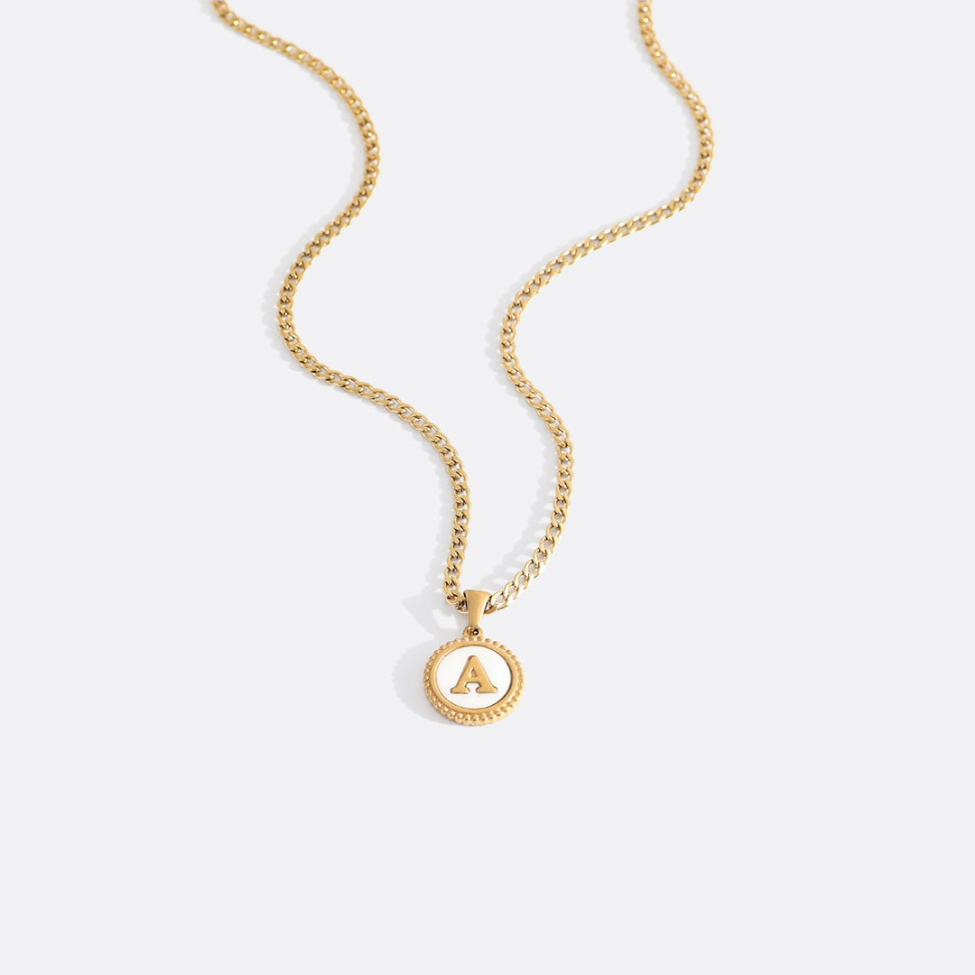 Mother of Pearl Disc Letter Necklace with Cuban Chain in gold tone