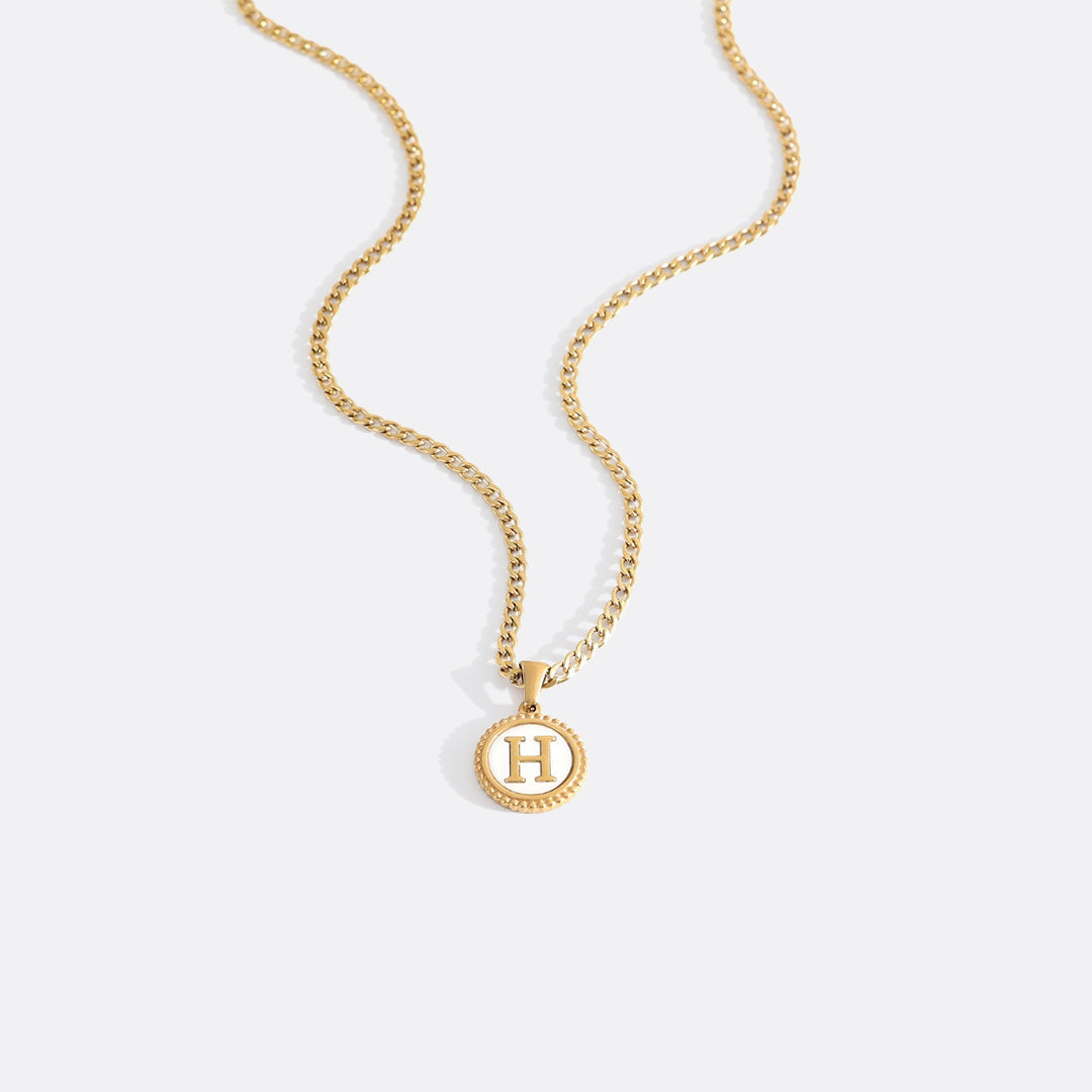 Mother of Pearl Disc Letter Necklace with Cuban Chain in gold tone
