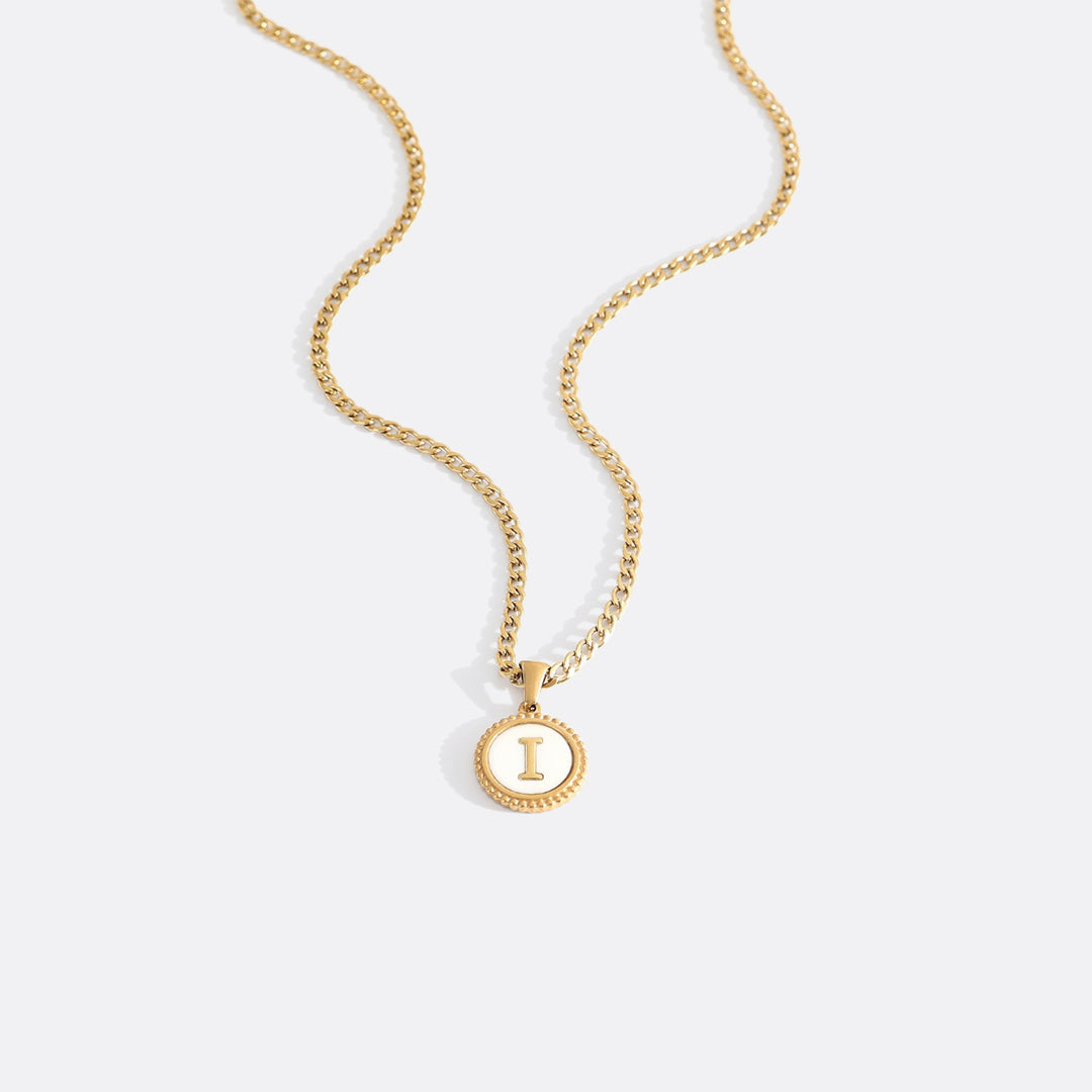Mother of Pearl Disc Letter Necklace with Cuban Chain in gold tone