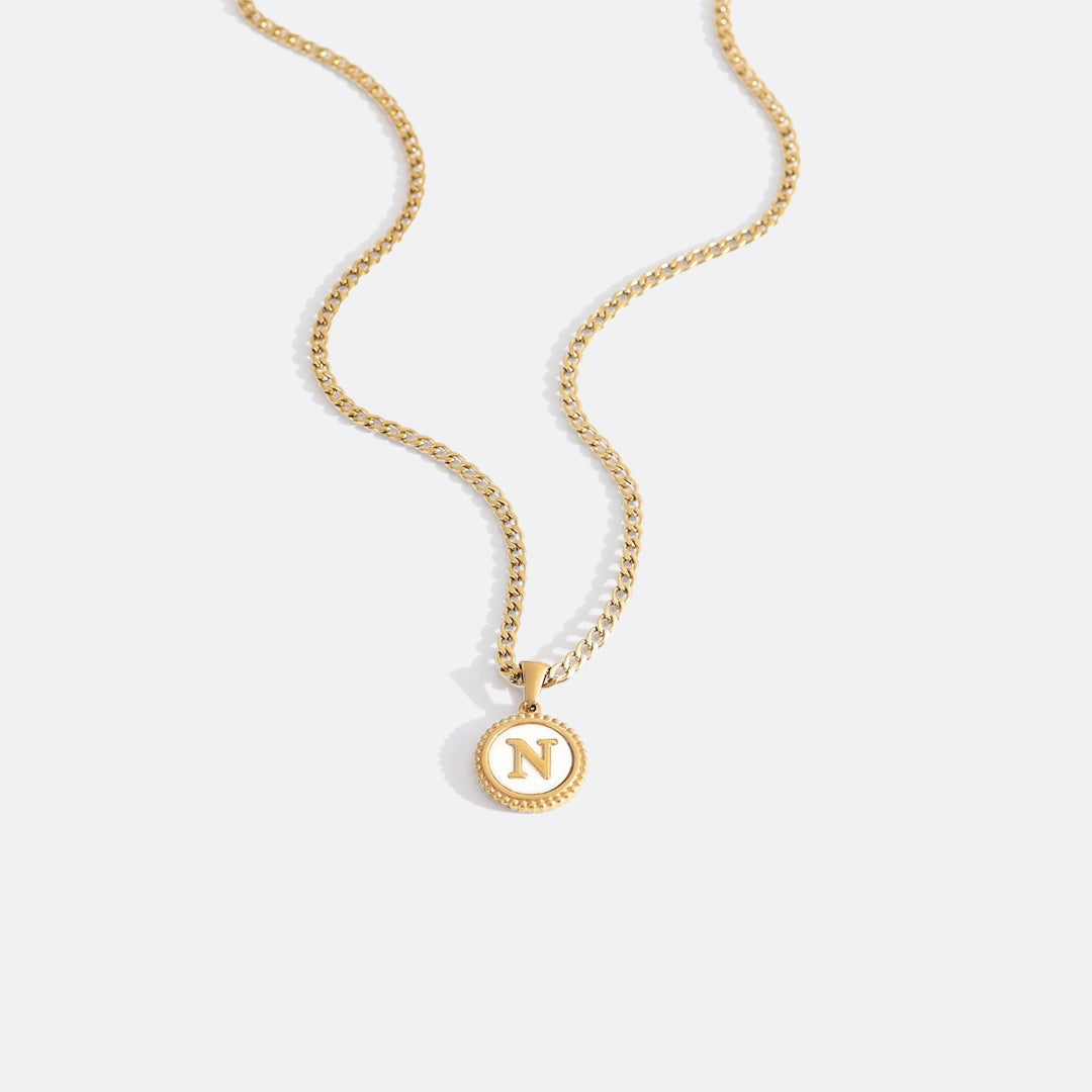 Mother of Pearl Disc Letter Necklace with Cuban Chain in gold tone
