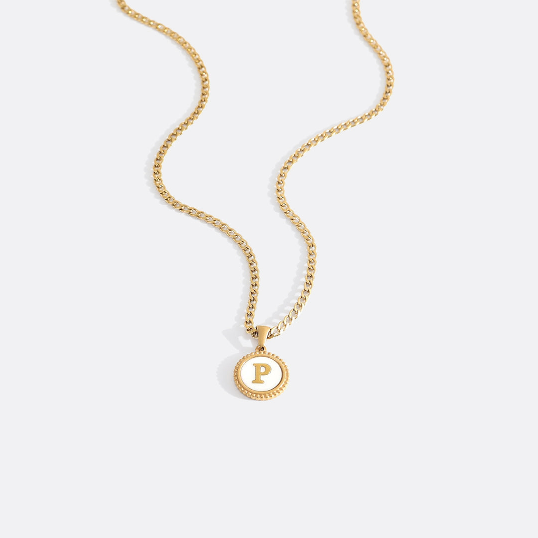 Mother of Pearl Disc Letter Necklace with Cuban Chain in gold tone