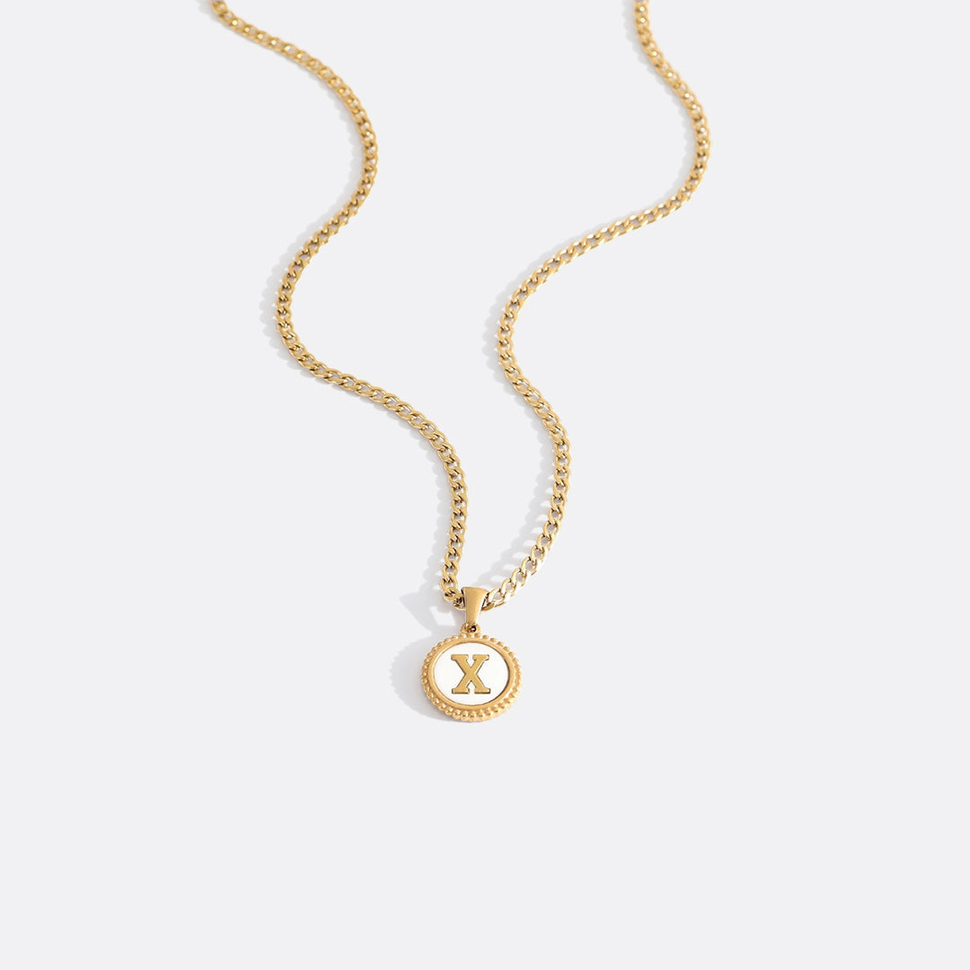 Mother of Pearl Disc Letter Necklace with Cuban Chain in gold tone