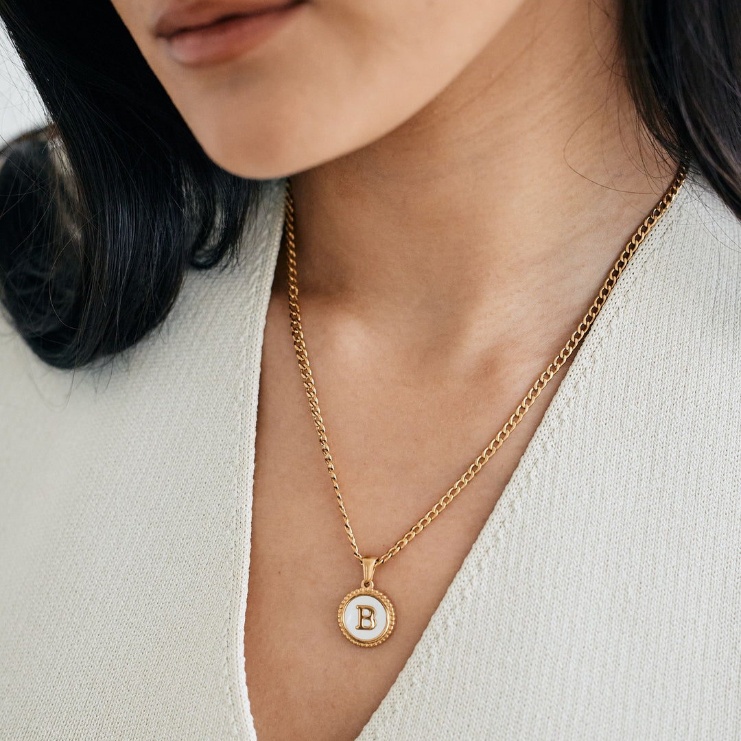 Mother of Pearl Disc Letter Necklace with Cuban Chain in gold tone