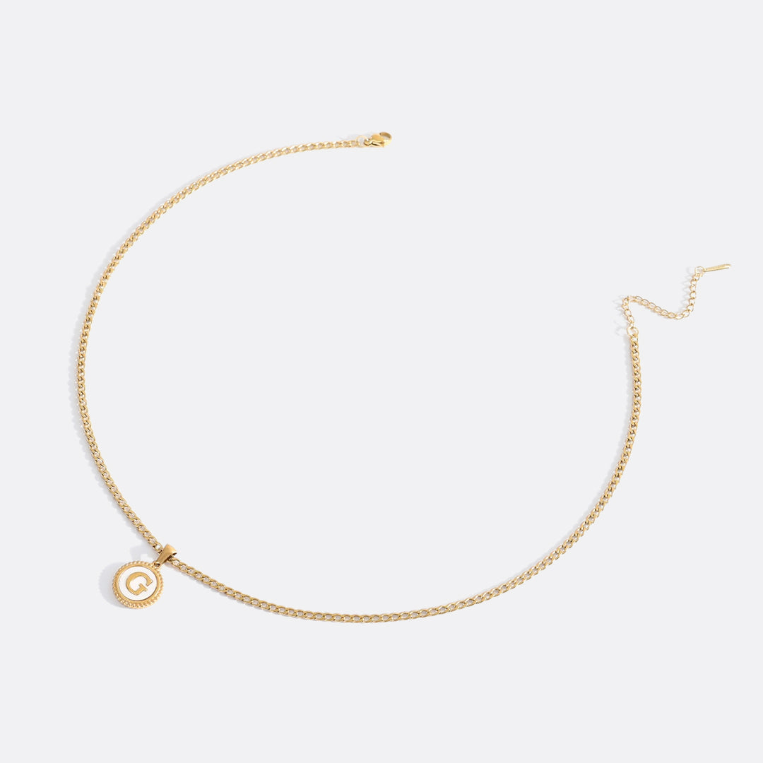 Mother of Pearl Disc Letter Necklace with Cuban Chain in gold tone