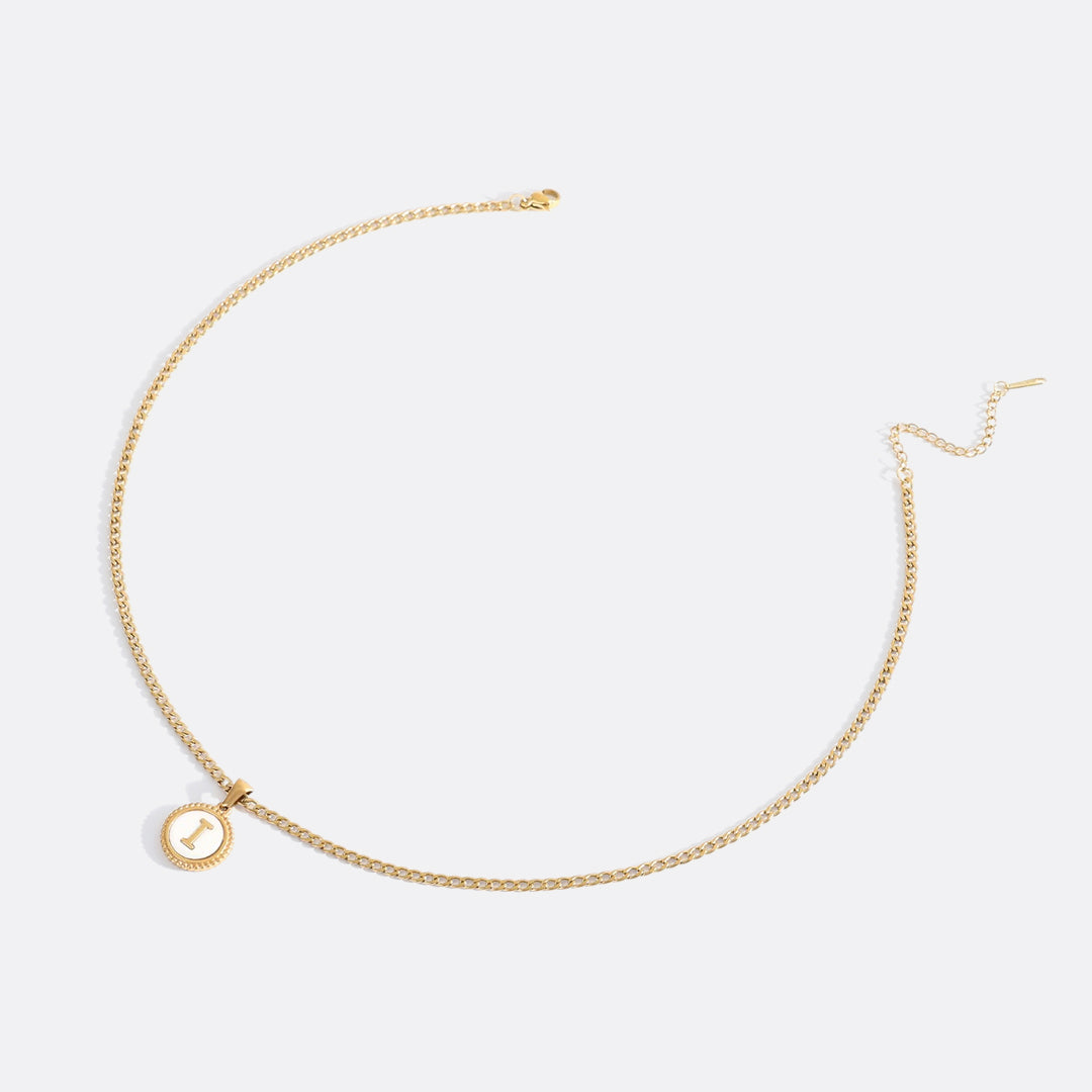 Mother of Pearl Disc Letter Necklace with Cuban Chain in gold tone