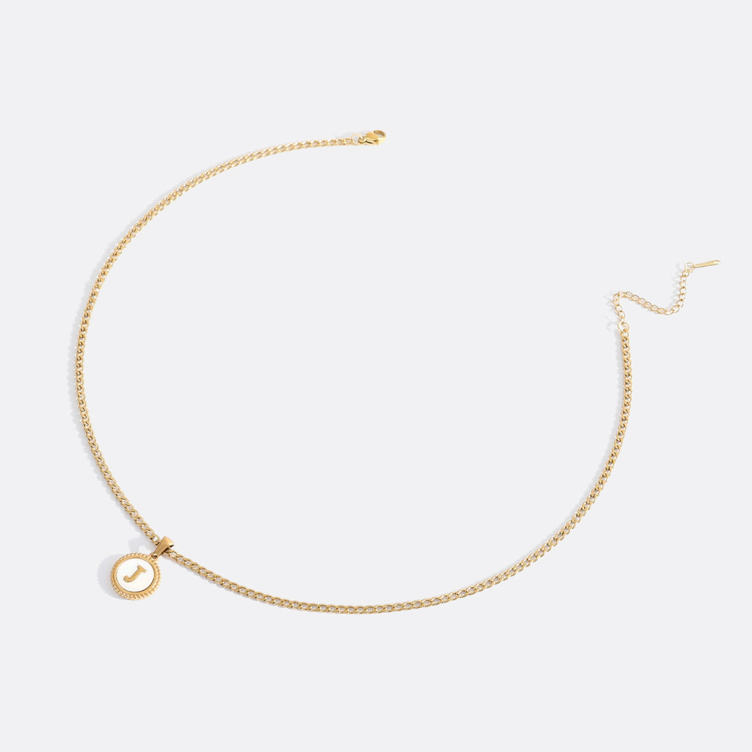 Mother of Pearl Disc Letter Necklace with Cuban Chain in gold tone