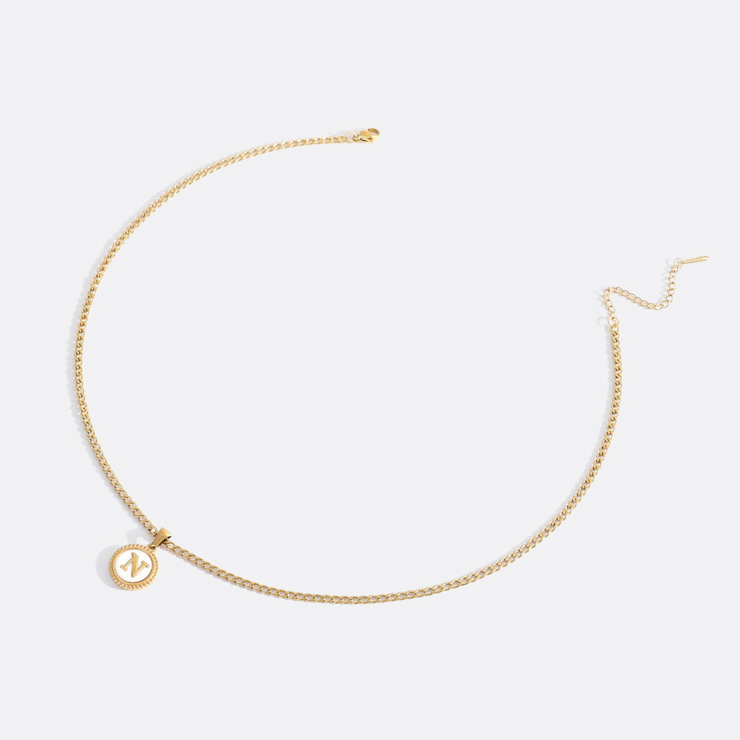 Mother of Pearl Disc Letter Necklace with Cuban Chain in gold tone
