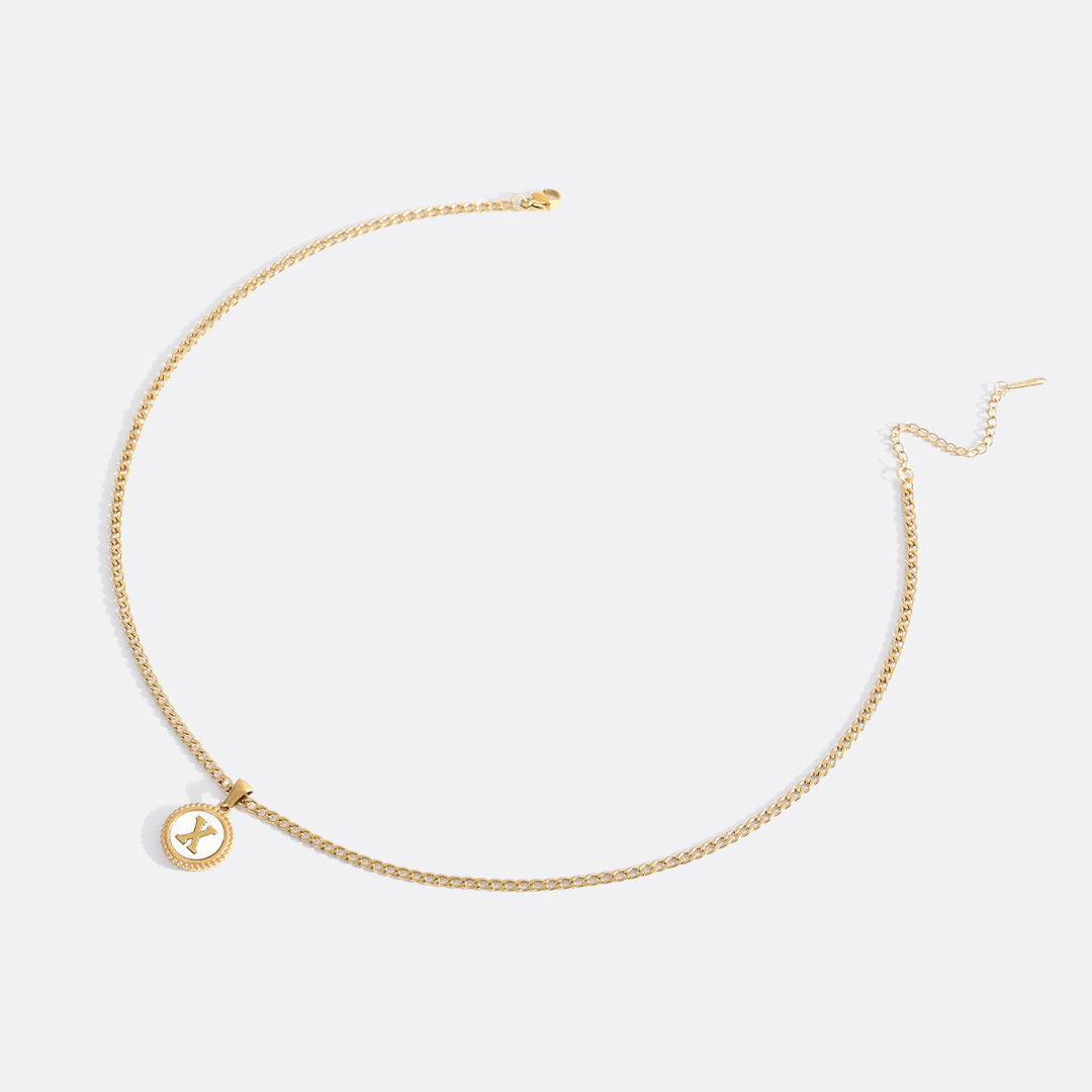Mother of Pearl Disc Letter Necklace with Cuban Chain in gold tone