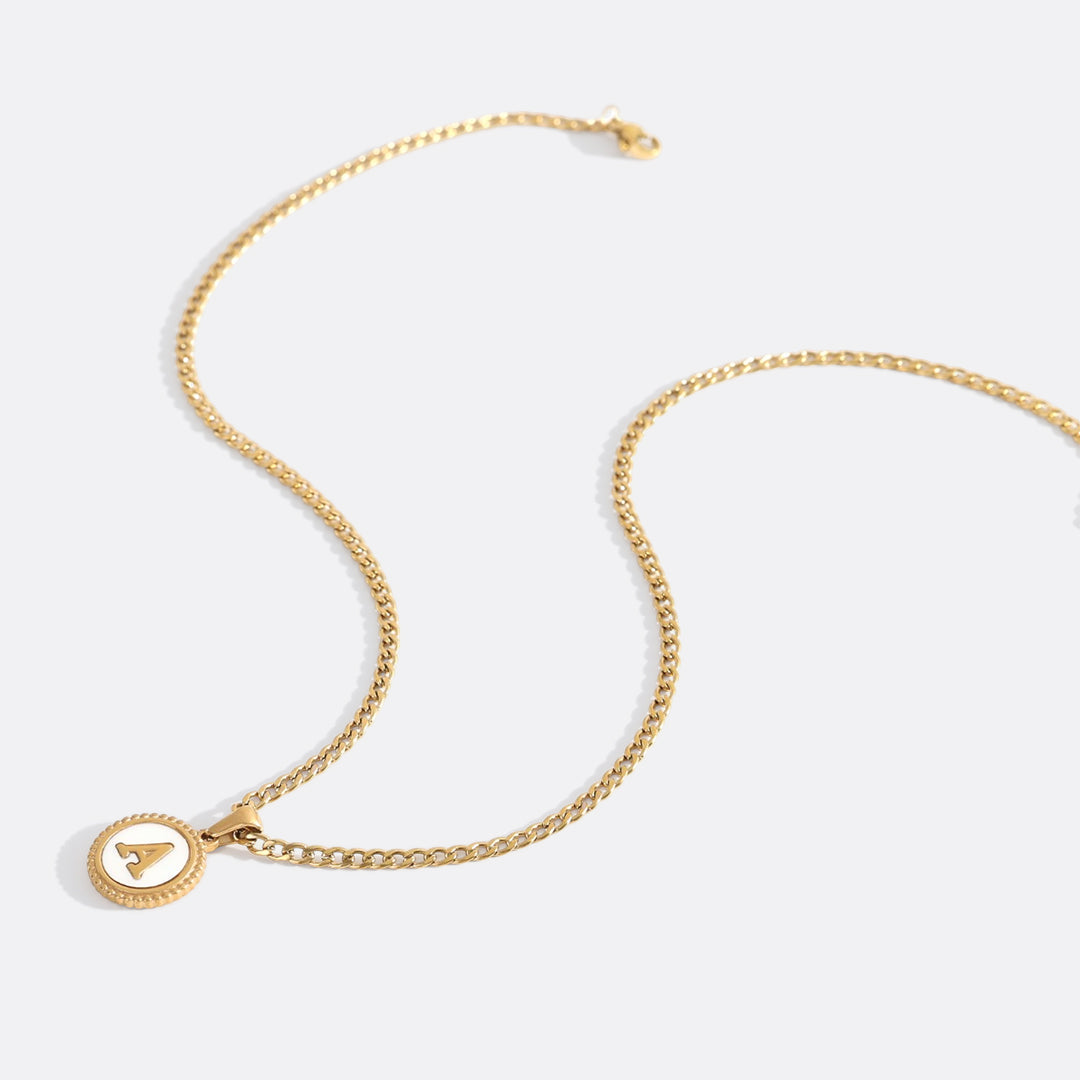 Mother of Pearl Disc Letter Necklace with Cuban Chain in gold tone