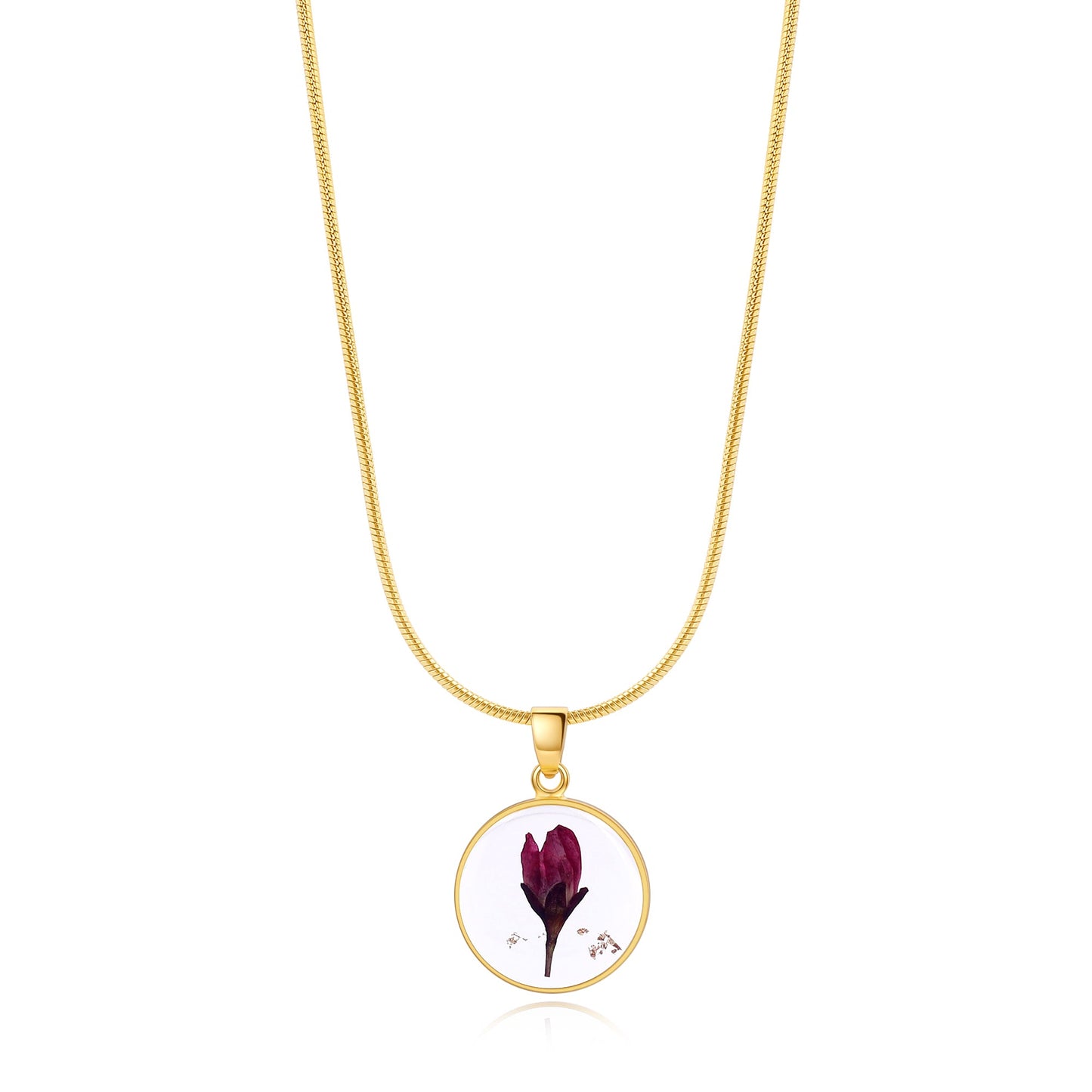 Pressed Birth Flower Necklace in gold tone with August birthstone