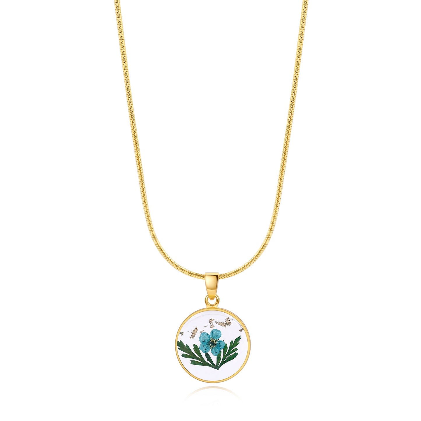 Pressed Birth Flower Necklace in gold tone with March birthstone