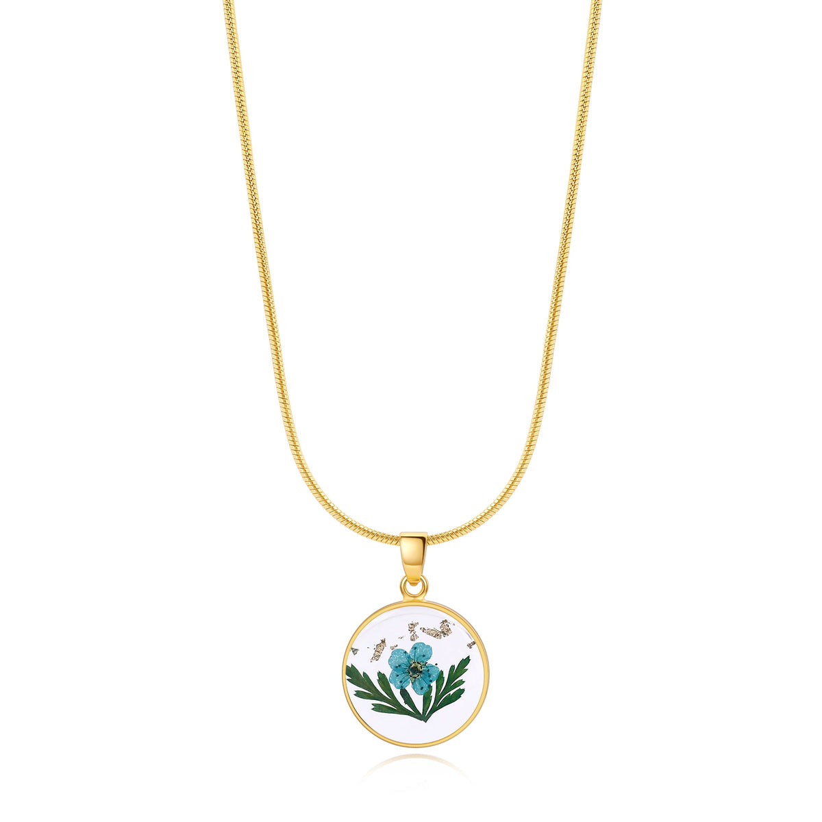 Pressed Birth Flower Necklace in gold tone with March birthstone