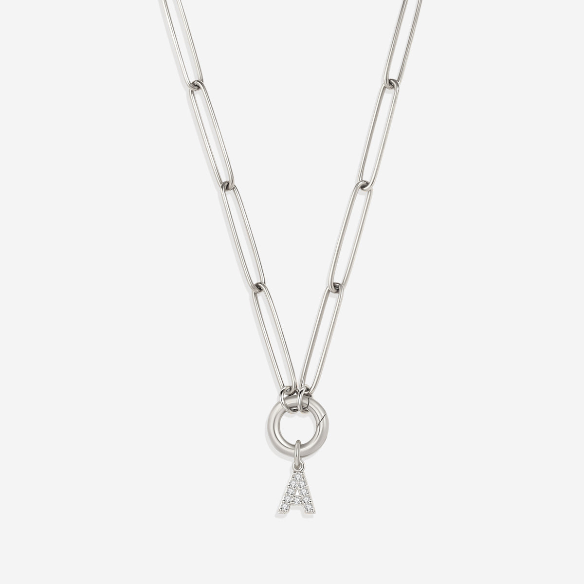 Pave Initial Charm with Charm Clasp Necklace in gold tone