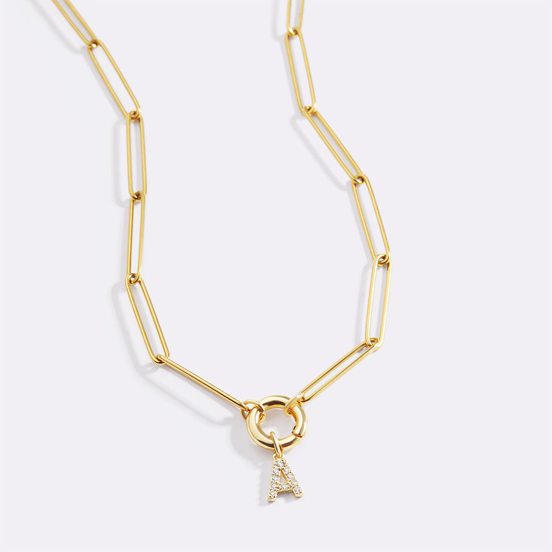 Pave Initial Charm with Charm Clasp Necklace in gold tone