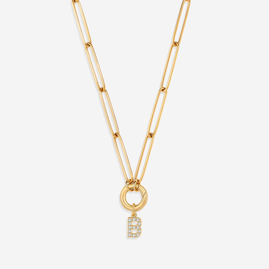 Pave Initial Charm with Charm Clasp Necklace in gold tone
