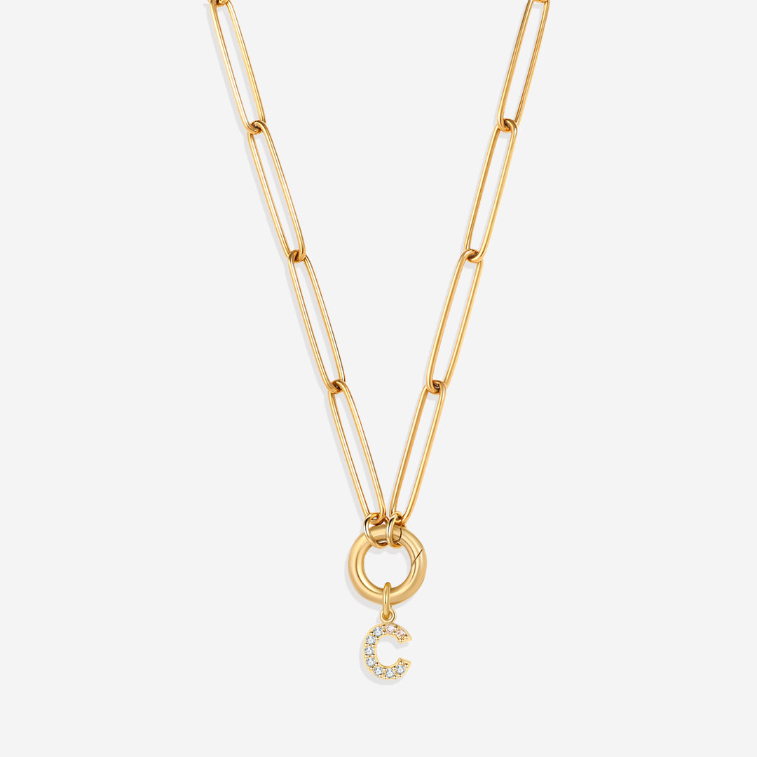 Pave Initial Charm with Charm Clasp Necklace in gold tone