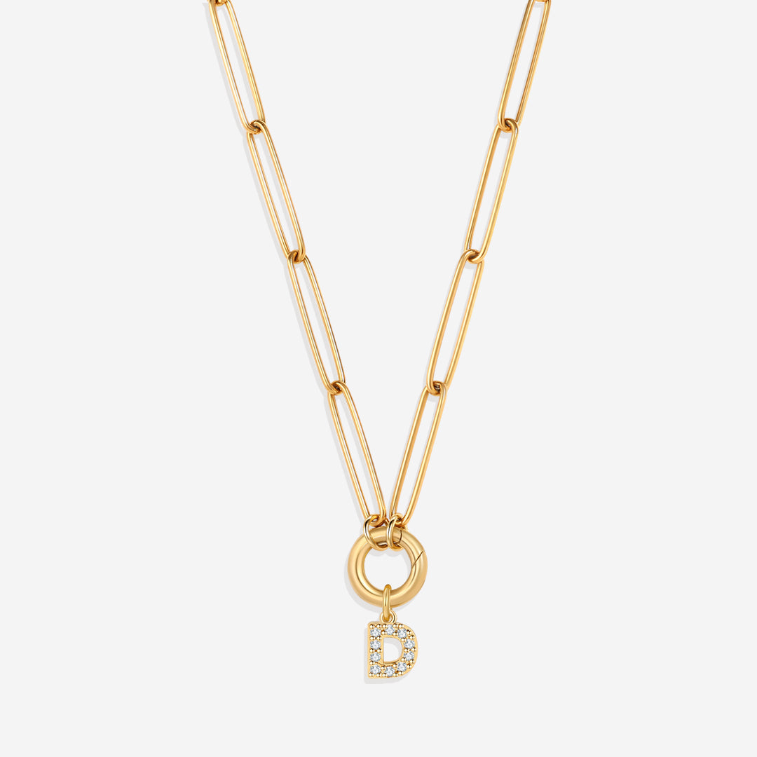 Pave Initial Charm with Charm Clasp Necklace in gold tone