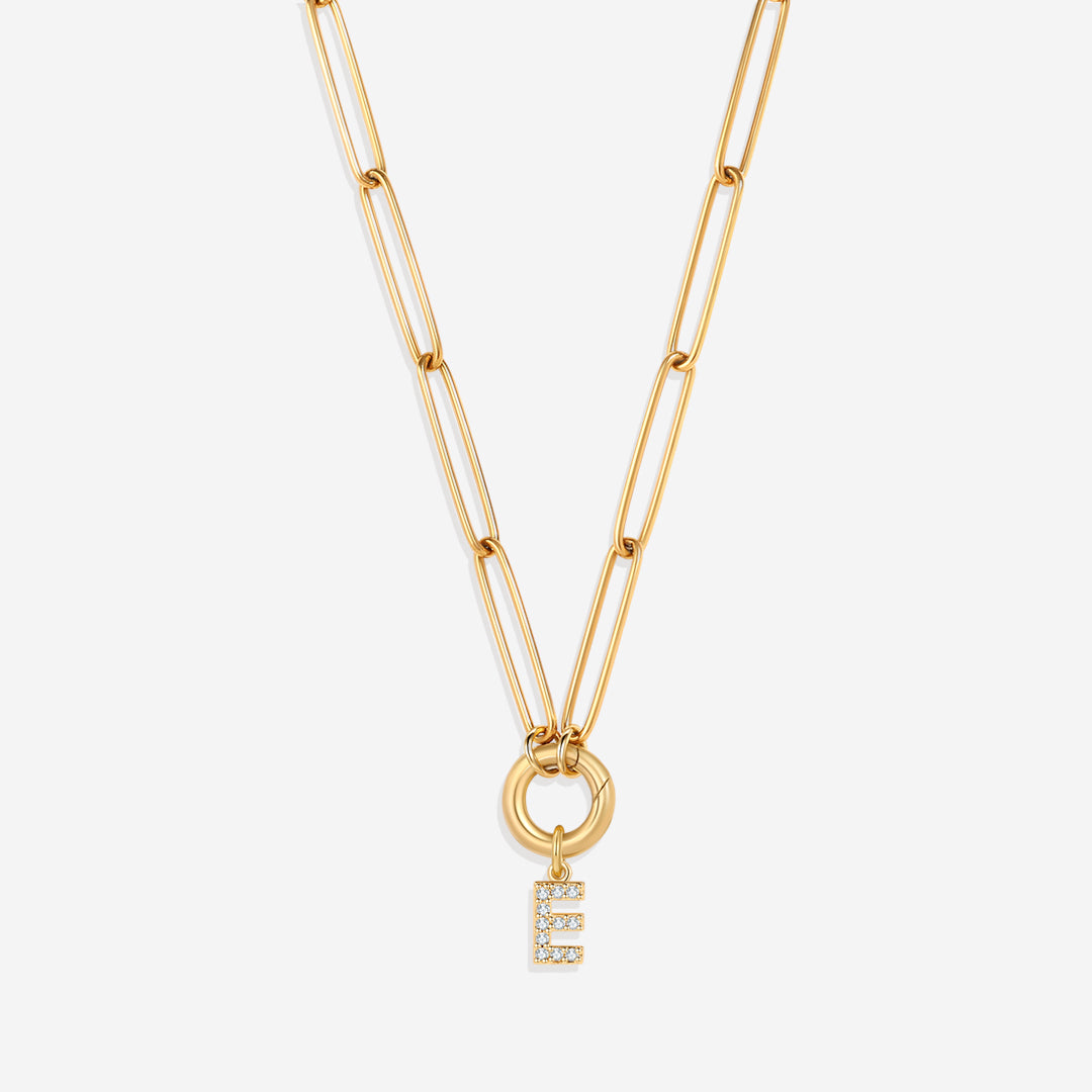 Pave Initial Charm with Charm Clasp Necklace in gold tone