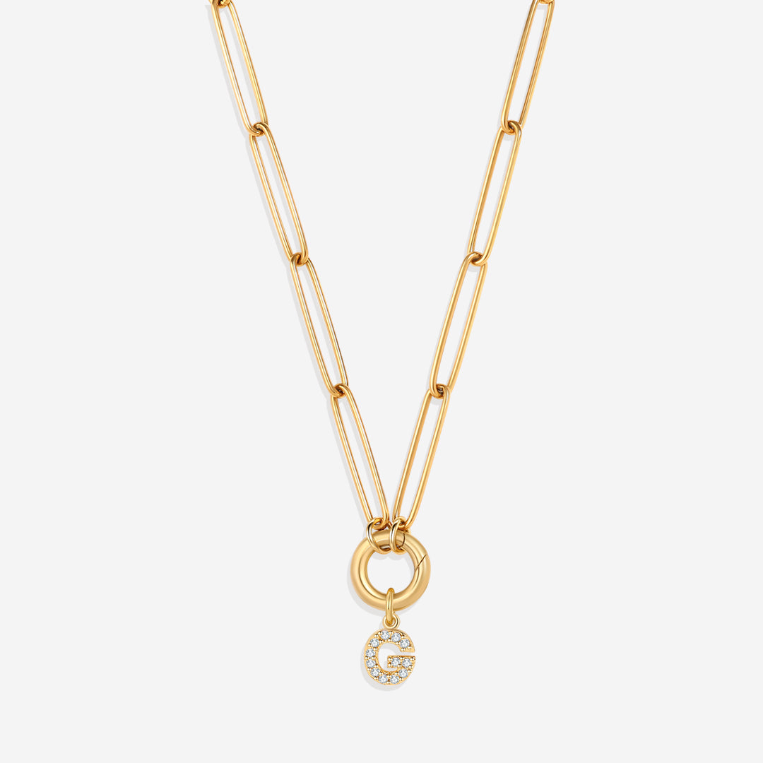 Pave Initial Charm with Charm Clasp Necklace in gold tone