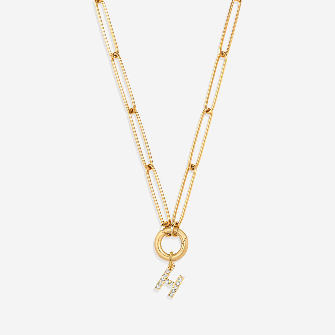 Pave Initial Charm with Charm Clasp Necklace in gold tone