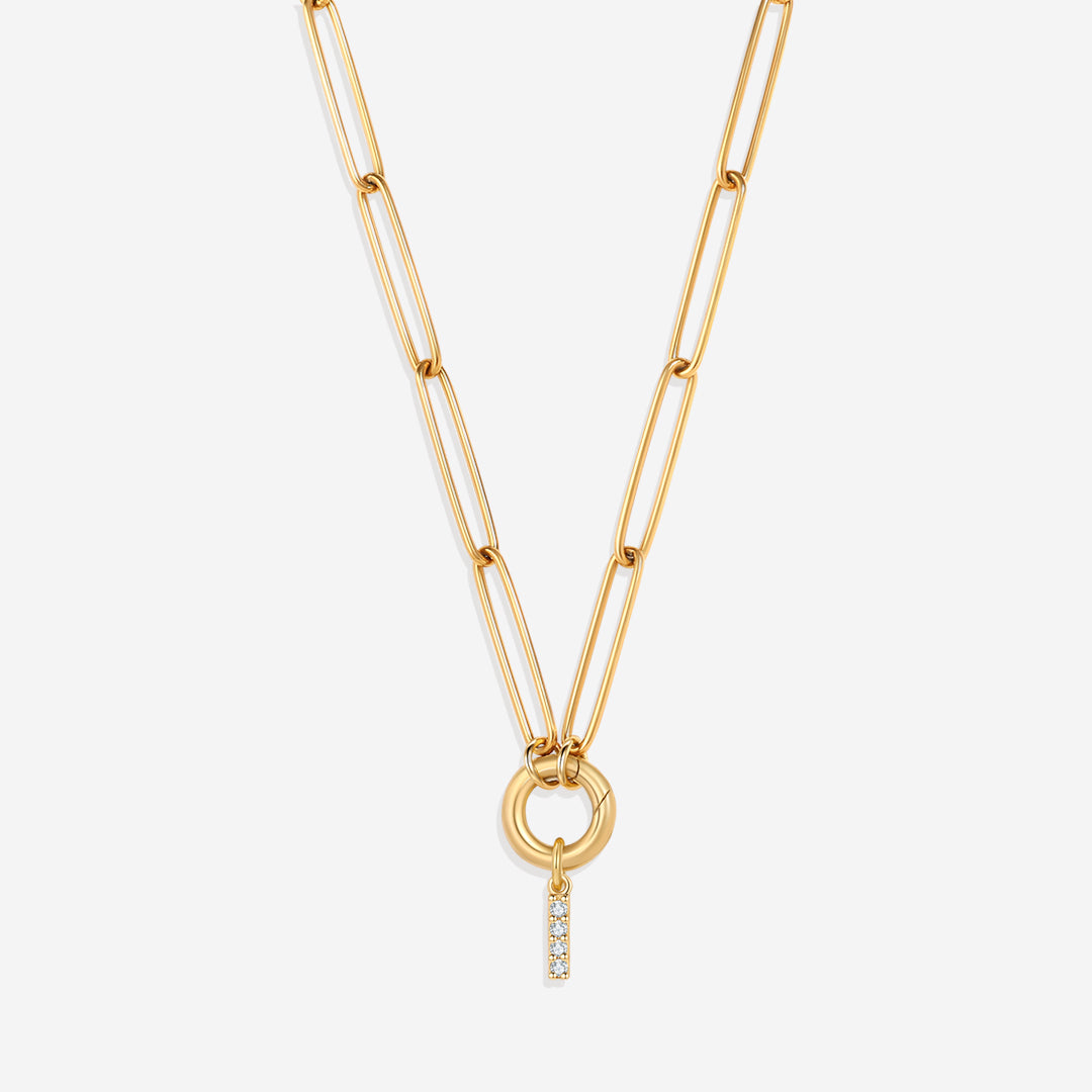 Pave Initial Charm with Charm Clasp Necklace in gold tone