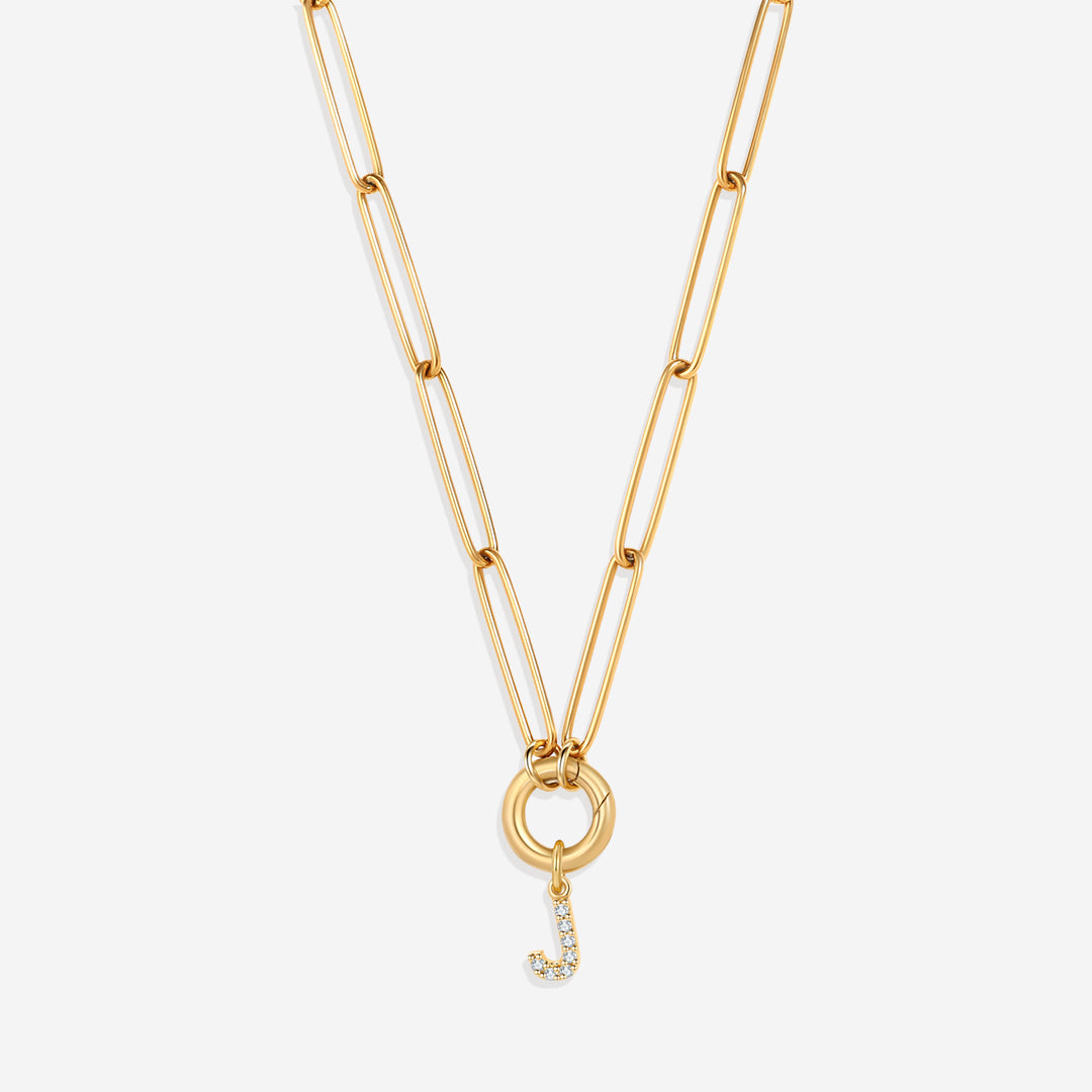 Pave Initial Charm with Charm Clasp Necklace in gold tone
