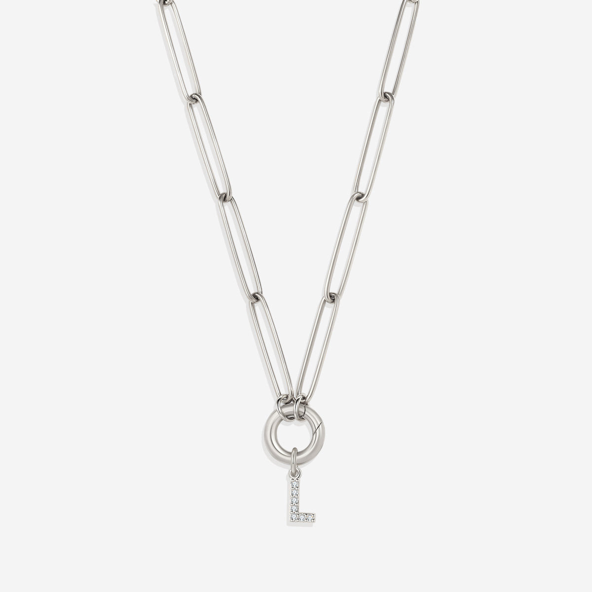 Pave Initial Charm with Charm Clasp Necklace in gold tone