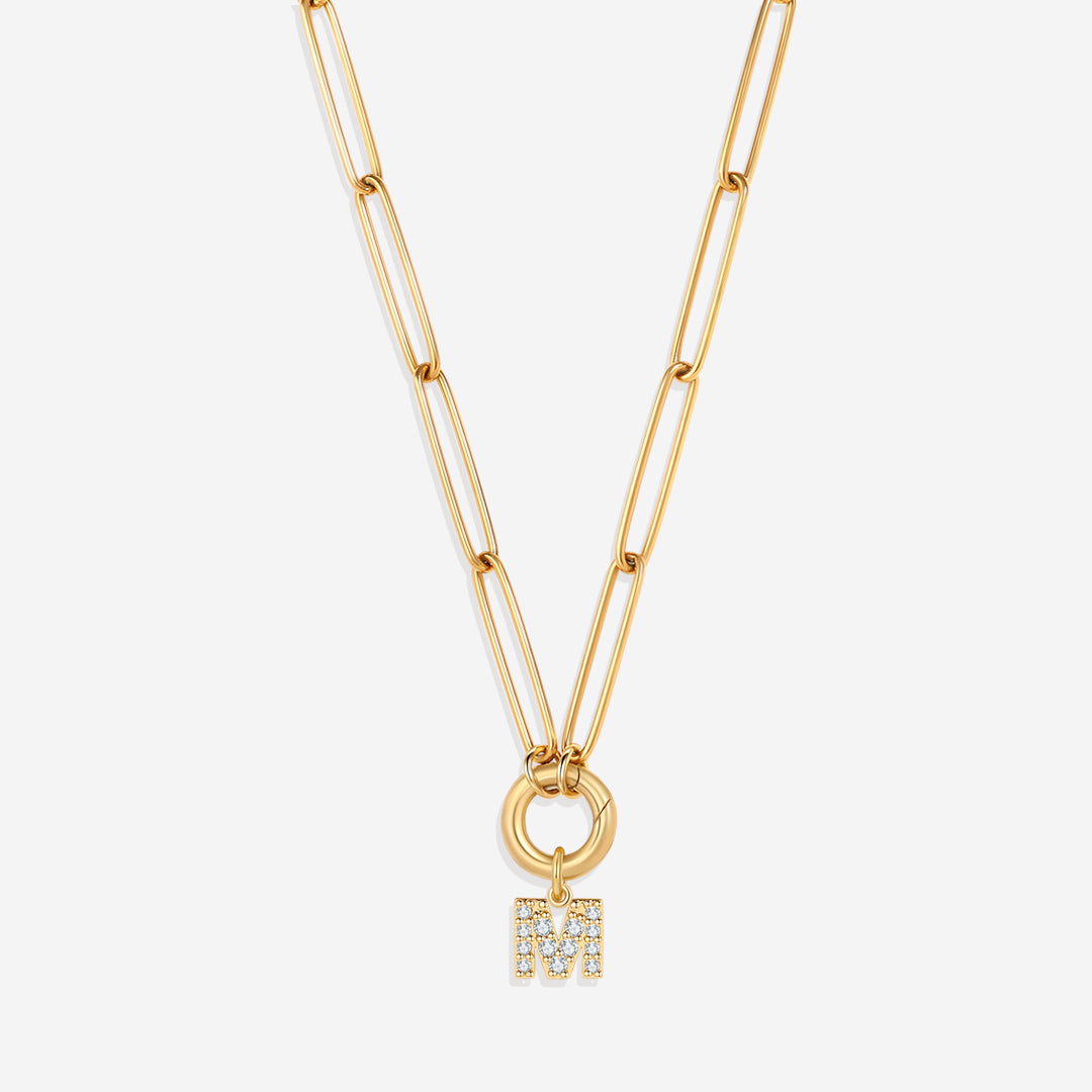Pave Initial Charm with Charm Clasp Necklace in gold tone