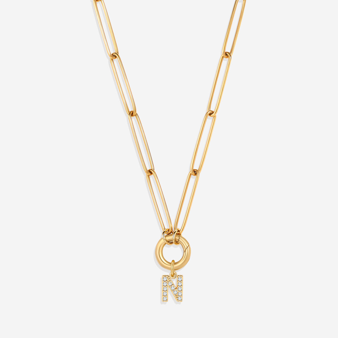Pave Initial Charm with Charm Clasp Necklace in gold tone