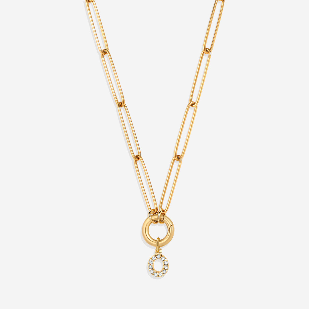 Pave Initial Charm with Charm Clasp Necklace in gold tone