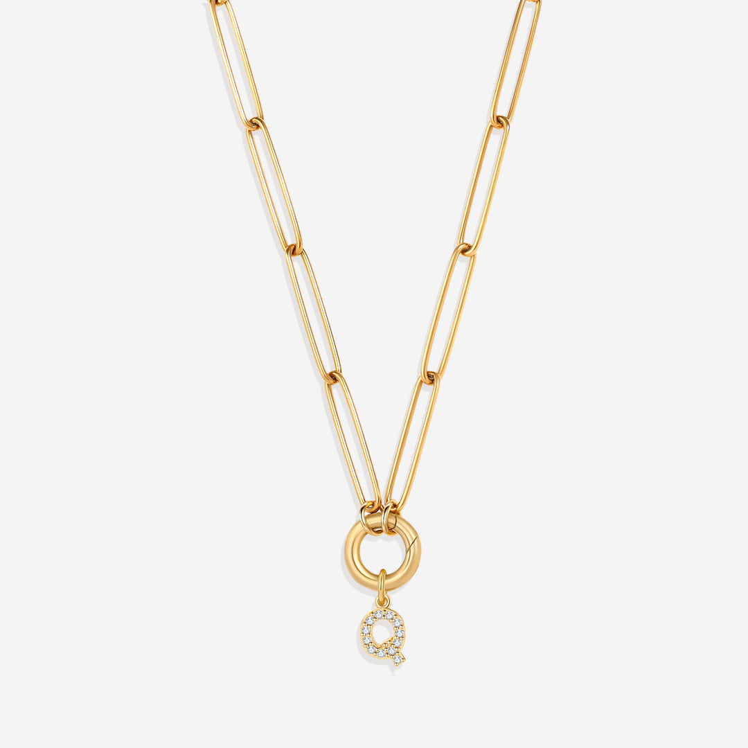 Pave Initial Charm with Charm Clasp Necklace in gold tone