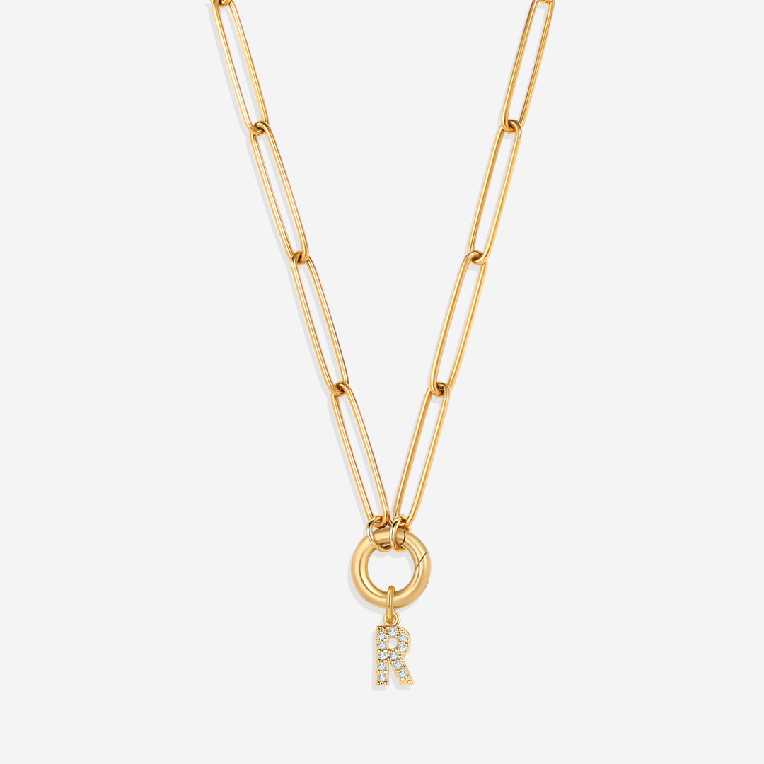 Pave Initial Charm with Charm Clasp Necklace in gold tone