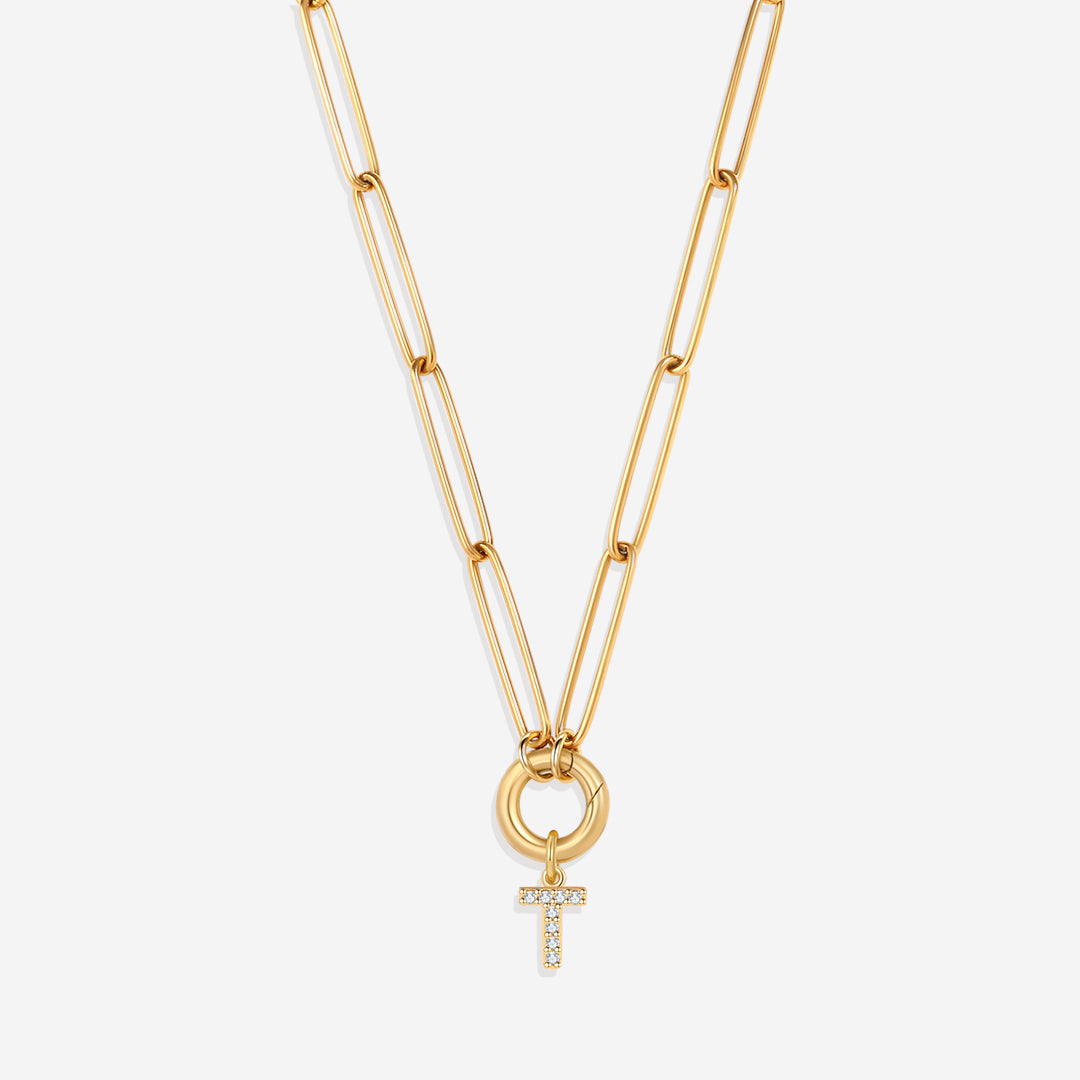 Pave Initial Charm with Charm Clasp Necklace in gold tone